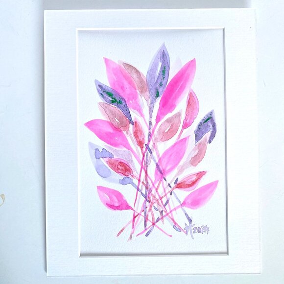 Funky Leaves Parade Original Watercolor Wall Art Painting 8x10in Matted - Picture 6 of 8